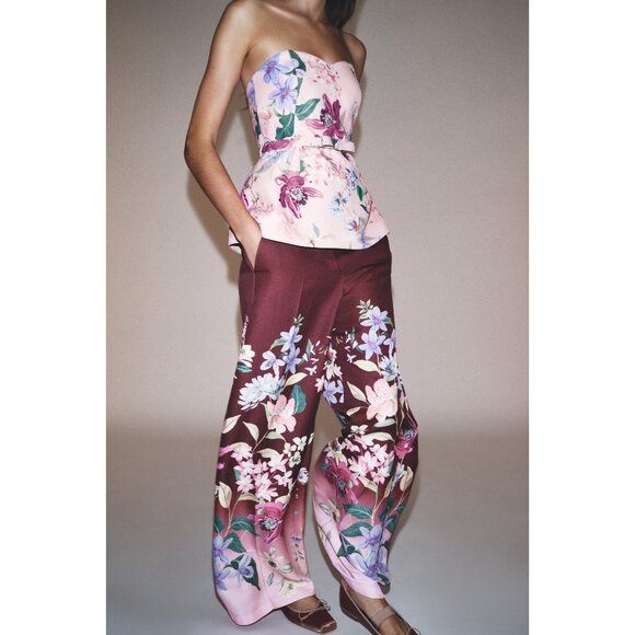 ZARA FLORAL PRINT WIDE-LEG TROUSERS - Picture 1 of 6